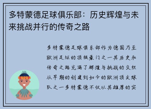 多特蒙德足球俱乐部：历史辉煌与未来挑战并行的传奇之路