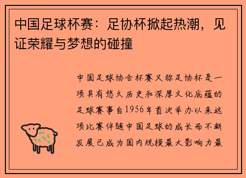 中国足球杯赛：足协杯掀起热潮，见证荣耀与梦想的碰撞