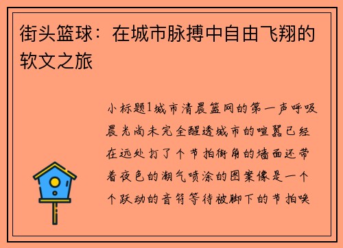 街头篮球：在城市脉搏中自由飞翔的软文之旅