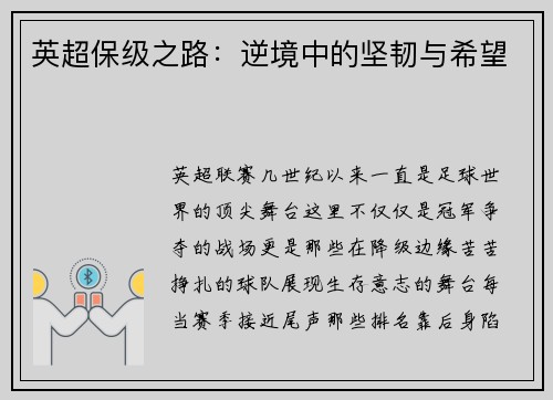 英超保级之路：逆境中的坚韧与希望