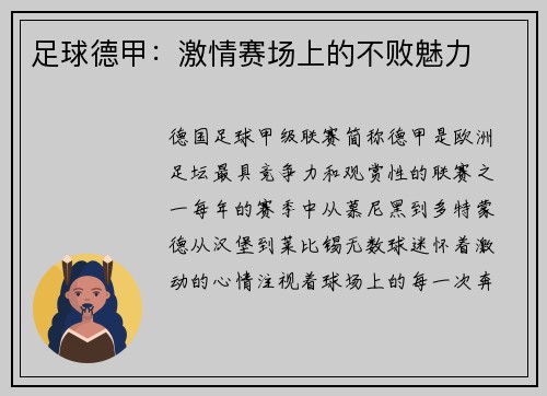 足球德甲：激情赛场上的不败魅力