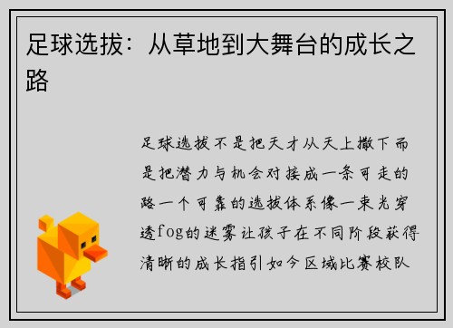 足球选拔：从草地到大舞台的成长之路