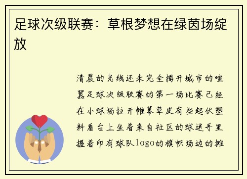 足球次级联赛：草根梦想在绿茵场绽放